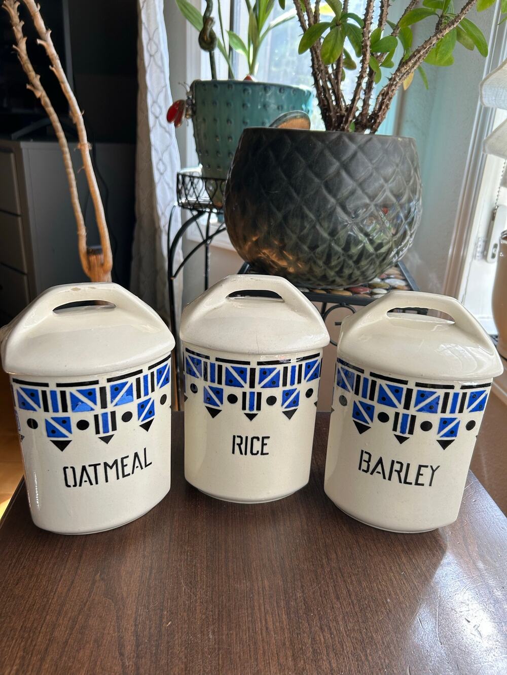 Vintage Art Deco ceramic kitchen canisters made by Yvonne in Czechoslovakia